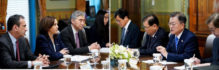 미국을 방문중인 문재인 대통령이 21일 오전(현지시간) 워싱턴 아이젠하워 행정동에서 카멀라 해리스 미국 부통령을 접견하고 있다. 연합뉴스