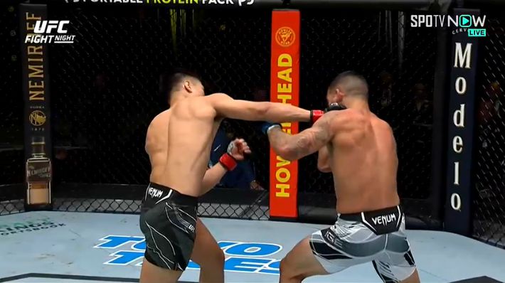 펀치로 압박하는 정찬성(왼쪽). SPOTV NOW 제공