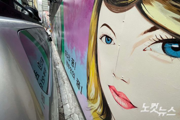 29일 서울 종로구 관철동 한 건물 옆면에 윤석열 전 검찰총장의 부인 김건희씨를 연상케 하는 '쥴리의 남자들' 벽화가 등장한 가운데 보수성향 유튜버들이 차량으로 벽화를 가리고 있다. 박종민 기자