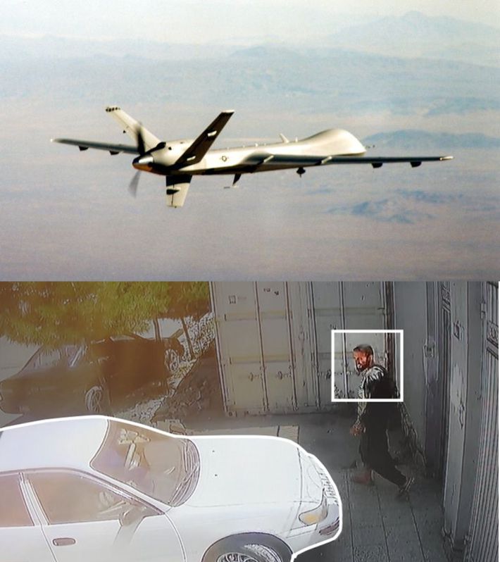 미군의 공습용 드론(상)과 29일 미군의 드론 공습으로 사망한 제마리 아흐마디(하). 뉴욕타임스 캡처
