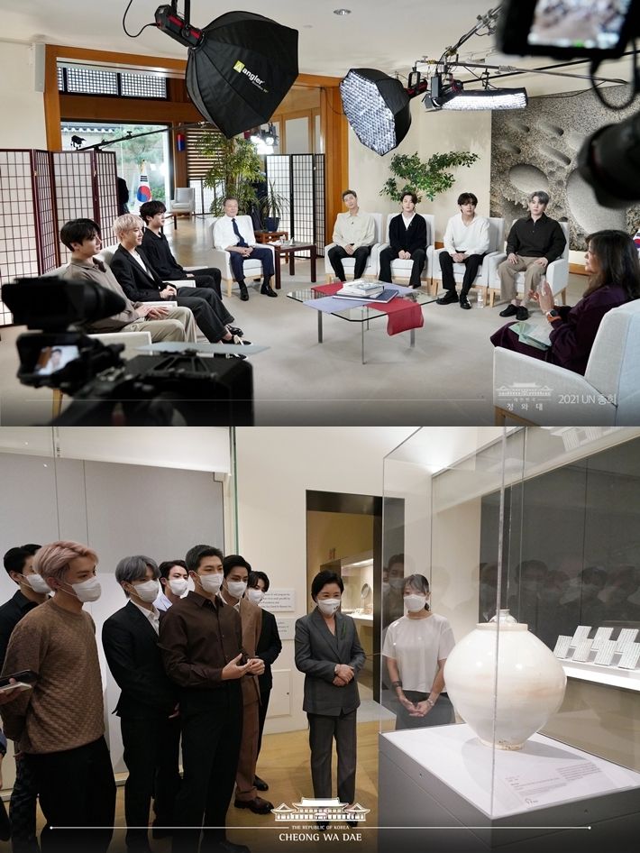 위는 방탄소년단이 문재인 대통령과 함께 미국 ABC 방송에서 인터뷰하고 있는 모습, 아래는 영부인 김정숙 여사와 뉴욕 메트로폴리탄 미술관 한국실을 방문한 모습. 청와대 제공