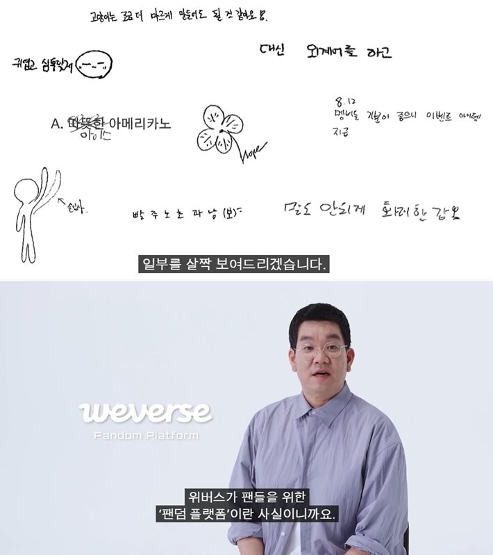 위는 방탄소년단이 직접 참여한 게임의 아이데이션, 아래는 팬덤 플랫폼 '위버스' 설명 장면.