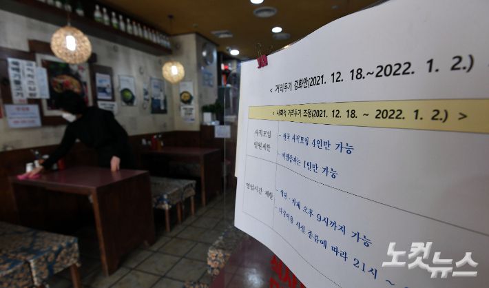 정부가 사적 모임 허용 인용을 전국에 걸쳐 4인으로 축소하고 식당과 카페의 이용 시간은 밤 9시까지로 제한하는 등의 강력한 사회적 거리두기 강화조치를 발표한 16일 오후 서울 양천구 한 식당 관계자가 안내문을 부착하고 있다. 오는 18일부터 내년 1월 2일까지 16일간 적용되는 이번 조치는 식당·카페의 경우, 접종완료자로만 4인까지 이용이 가능하며 미접종자는 혼자서 이용하거나 포장·배달만 허용된다. 황진환 기자