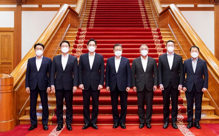 문재인 대통령이 27일 청와대에서 열린 '청년희망 온(ON) 참여기업 대표 초청 오찬 간담회'를 마친 뒤 참석자들과 기념촬영을 하고 있다. 왼쪽부터 포스코 그룹 최정우 회장, 최태원 SK주식회사 회장, 삼성전자 이재용 부회장, 문 대통령, 정의선 현대자동차그룹 회장, 구광모 ㈜LG 회장. 구현모 KT 대표이사. 연합뉴스