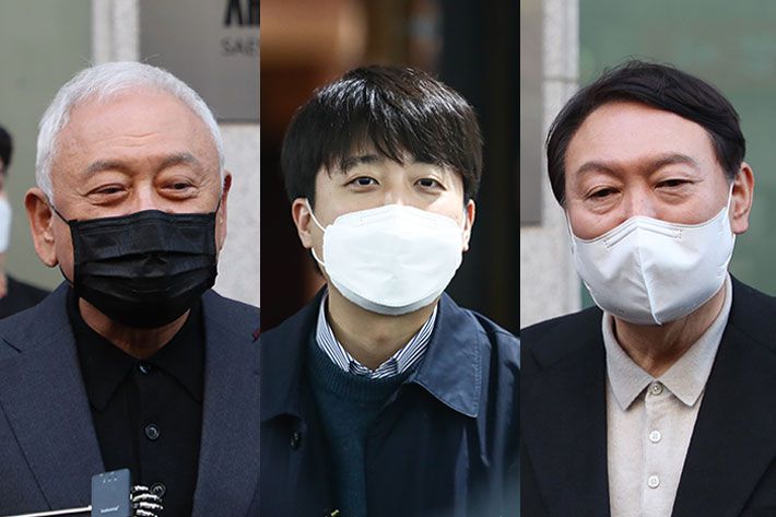 왼쪽부터 김한길 새시대준비위원회 위원장, 이준석 국민의힘 대표, 윤석열 국민의힘 대선후보. 연합뉴스·윤창원 기자