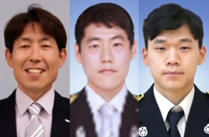 6일 경기도 평택시 청북읍의 한 냉동창고 화재를 진압하다 순직한 (왼쪽부터)고(故) 이형석 소방위와 박수동 소방교, 조우찬 소방사. 소방청 제공