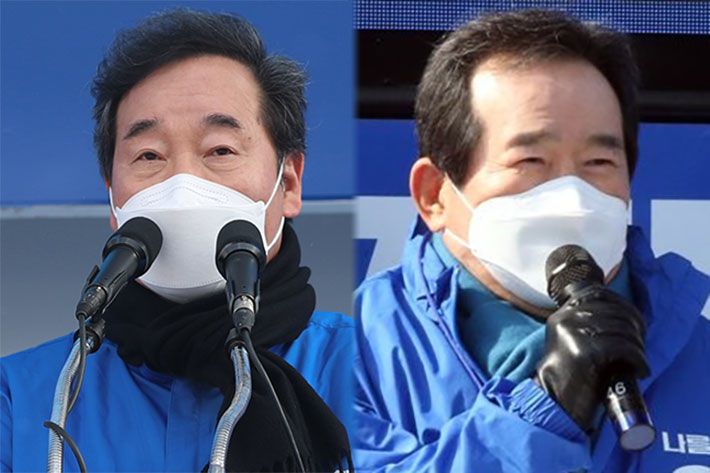 이재명 더불어민주당 대선후보 지지를 호소하는 이낙연 총괄선대위원장(왼쪽), 정세균 선대위 상임고문. 연합뉴스