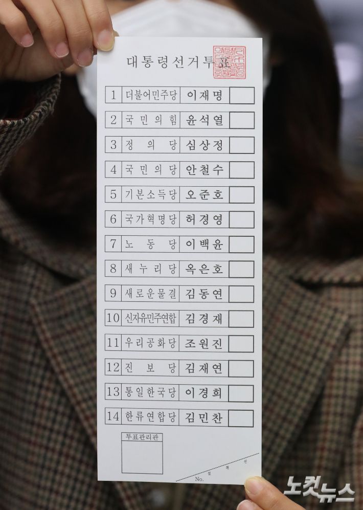 대선을 9일 앞둔 28일 오전 경기도 안양시의 한 인쇄소에서 경기도선거관리위원회 관계자가 인쇄된 투표용지를 들어보이고 있다. 윤창원 기자