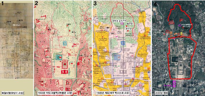 지도1은 고종 5년 경복궁 복원후 지도로 추정됨. 지도2는 일제 총독관사를 짓기 전의 지도(청색은 현재 청와대 건물표시). 지도3 해방직후 지도로 일제치하의 모습임 분홍색 위치가 총독관사위치. 지도4 현재의 청와대와 경복궁 모습.