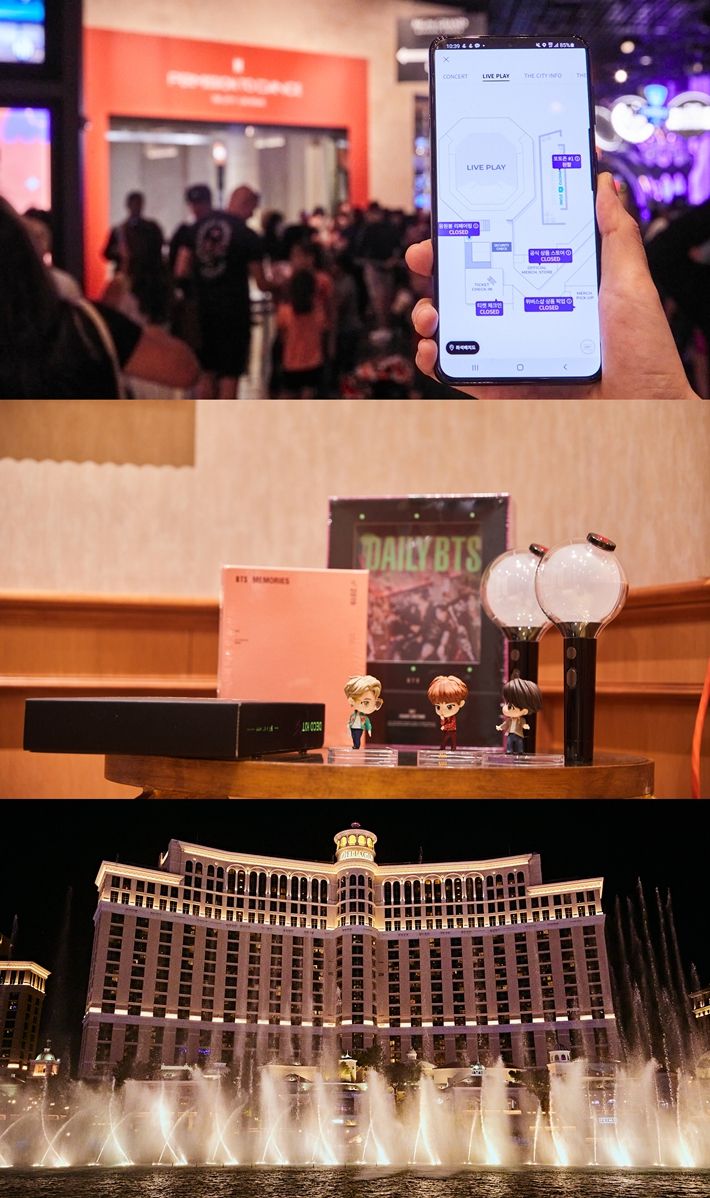 위쪽부터 맵 앤 웨이트, 위버스 픽업 부스, 벨라지오 분수 쇼. 하이브 제공