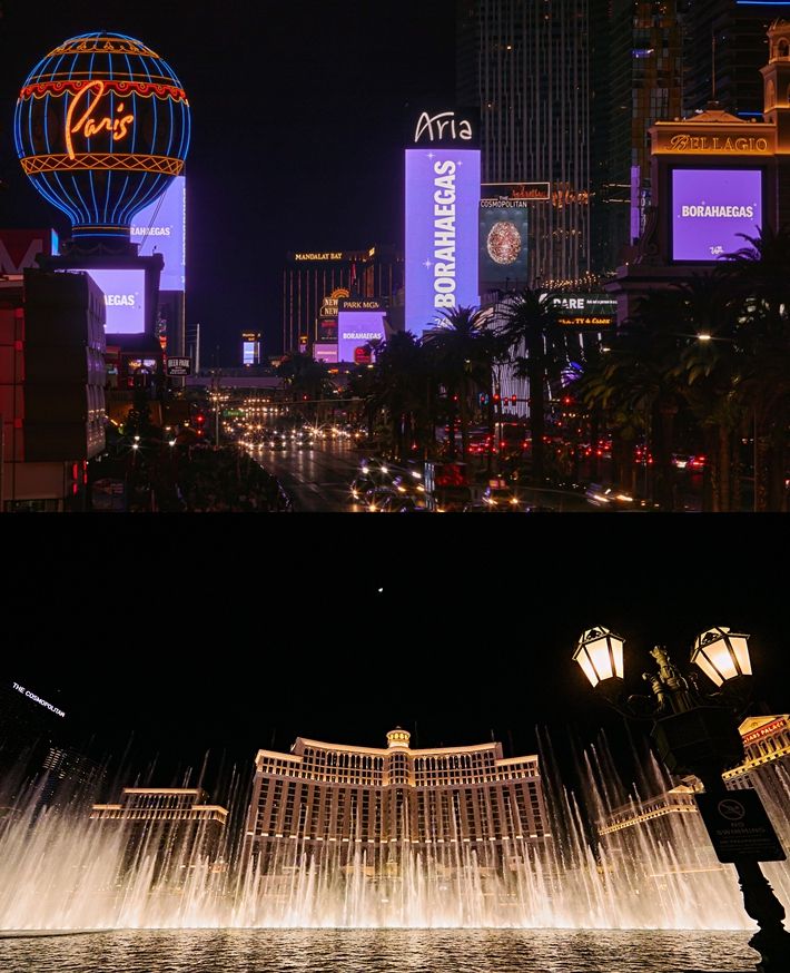 라스베이거스의 주요 조형물이 방탄소년단의 상징색인 보랏빛으로 물든 모습(위)과 방탄소년단 음악에 맞춰 펼쳐지는 벨라지오 분수 쇼(아래). 빅히트 뮤직 제공