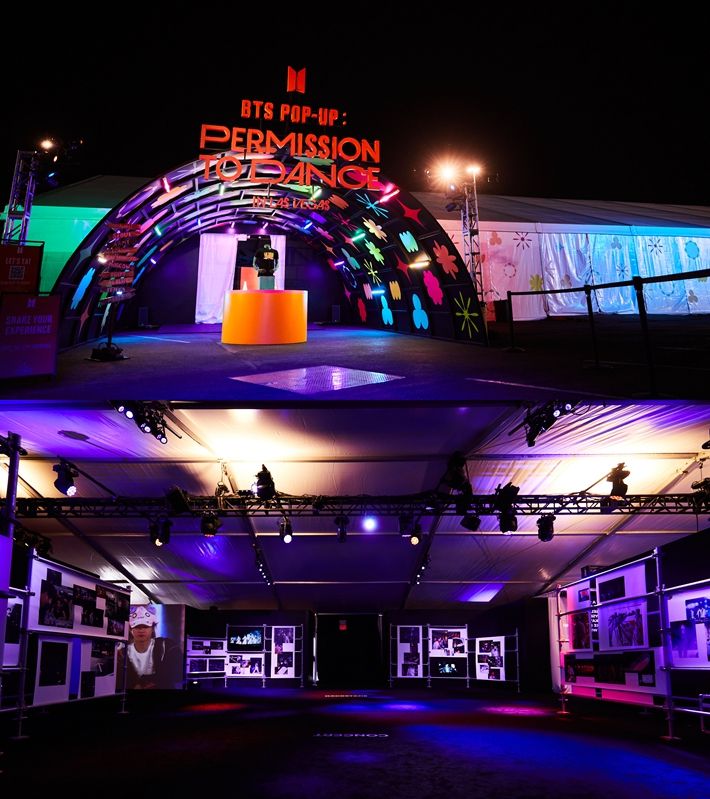 방탄소년단 공식 상품을 살 수 있는 팝업 스토어(위)와 3월 서울 콘서트 현장이 담긴 사진전(아래). 빅히트 뮤직 제공