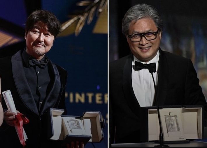 제75회 칸국제영화제에서 남우주연상과 감독상을 받은 배우 송강호와 박찬욱 감독. 칸영화제 제공