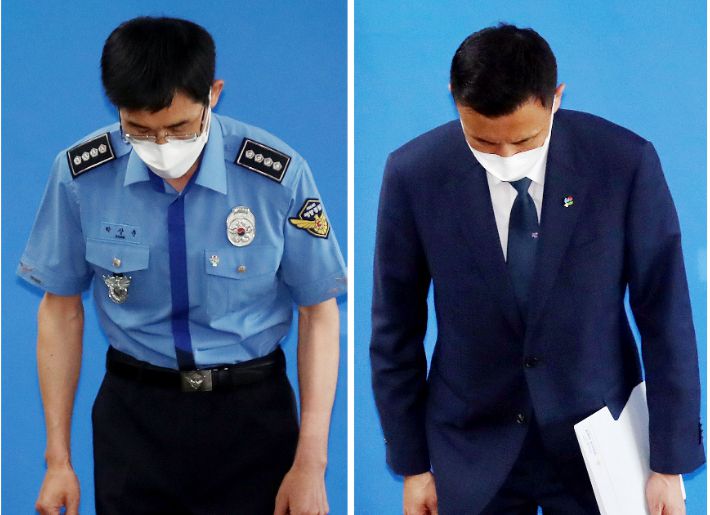 박상춘 인천해양경찰서장(왼쪽)과 윤형진 국방부 국방정책실 정책기획과장이 지난 16일 오후 인천시 연수구 인천해양경찰서에서 각각 '서해 공무원 피격사건' 최종 수사 결과 브리핑과 추가 설명을 마친 뒤 취재진을 향해 인사하고 있다. 연합뉴스