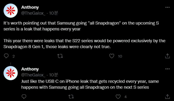 IT 팁스터(정보유출자)인 앤써니(@TheGalox_)도 18일 트위터에서 "매년 나오는 소문에 불과하다"며 "S22 때도 스냅드래곤 전량 탑재설이 있었지만 사실이 아니었다"고 일축했다. 트위터 캡처