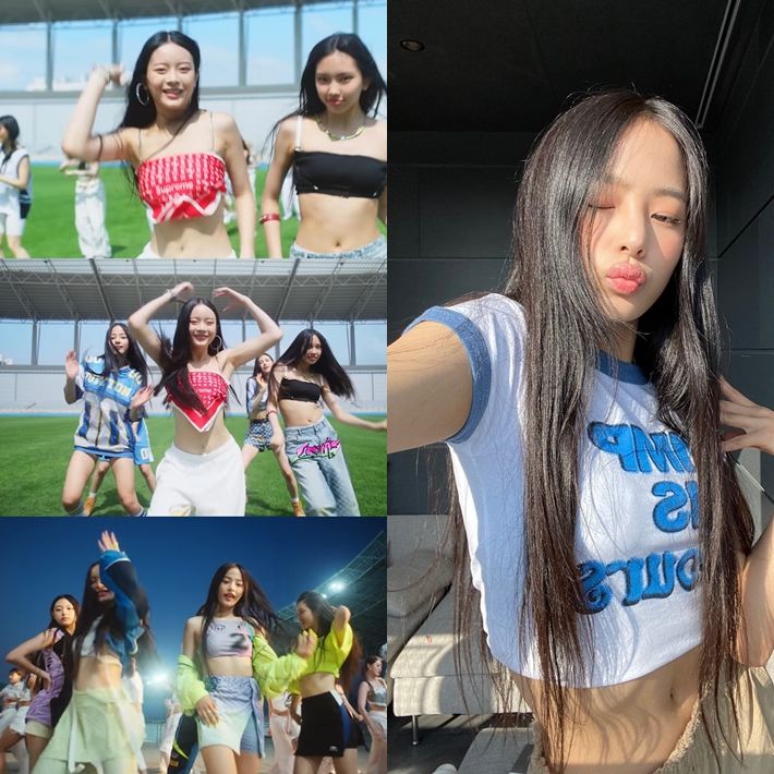 '어텐션' 퍼포먼스 뮤직비디오가 공개된 후 미성년자인 멤버들에게 어울리지 않는 지나친 노출 의상을 입힌 것 아니냐는 비판이 제기됐다. 오른쪽은 'PIMP IS YOURS'라고 쓰인 반소매 티를 입은 민지의 사진. '어텐션' 뮤직비디오 캡처, 뉴진스 SNS