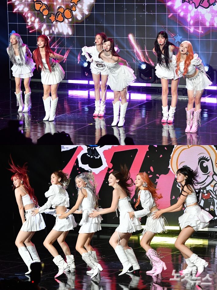 스테이씨가 타이틀곡 '버블' 무대를 하는 모습. 류영주 기자