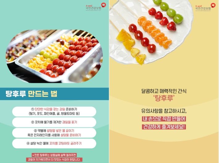 지난달 30일 국민건강보험공단 공식 포스트에 올라온 '탕후루 만드는 법, 건강하게 즐기세요!' 게시물 일부. 네이버 포스트 캡처