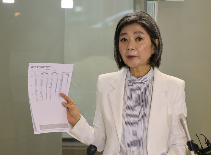 신용카드 사용확인서 들어보이는 김행 후보자. 연합뉴스