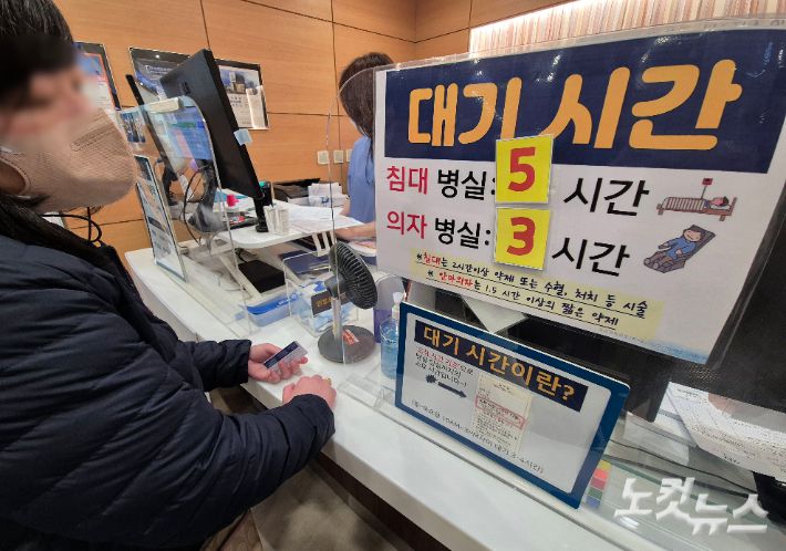 전공의들이 의대 증원에 반대하며 파업에 돌입한 지 이틀째인 지난 21일 오전 서울 시내 한 대학병원 암병동에 대기시간이 부착돼 있다. 황진환 기자