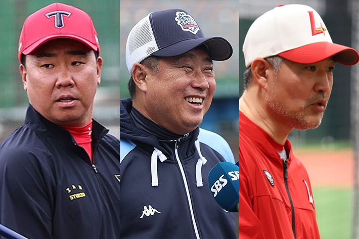 왼쪽부터 KIA 이범호 감독, 롯데 김태형 감독, SSG 이숭용 감독. 연합뉴스·SSG 제공