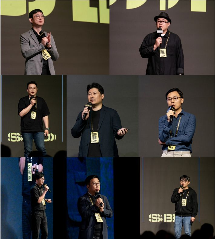 첫줄, 왼쪽부터 박종철 스토리사업 부문 대표, 박정서 스토리콘텐츠 사업본부장. 둘째줄 이강민 코믹사업 치프 매니저, 서승진 웹소설 사업 치프 매니저, 강정구 글로벌스토리사업 본부장. 셋째줄 황재헌 IP사업팀 치프 매니저, 송진우 국내스토리사업 본부장, 김기범 CTO. 카카오엔터 제공