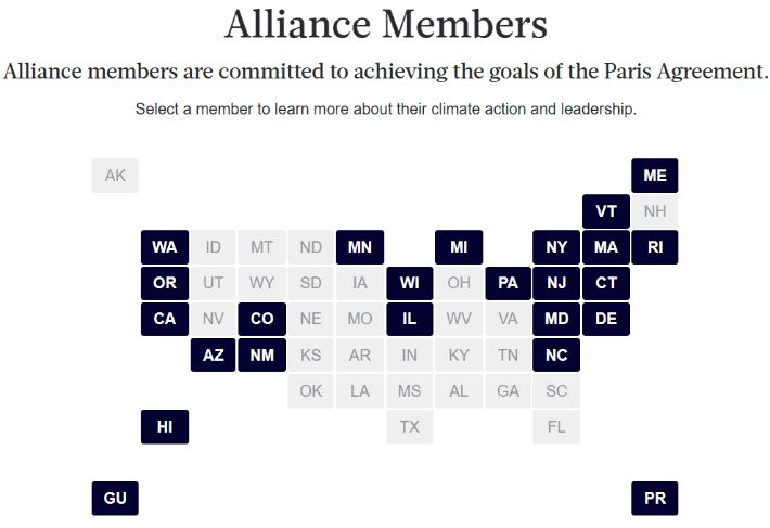 미국기후동맹 소속 주. 미국기후동맹 웹사이트 캡처