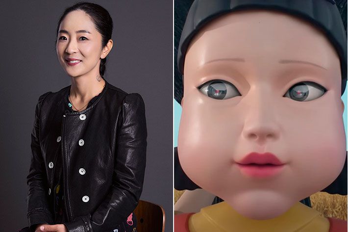 채경선 미술 감독(좌측)은 시즌1 준비 당시 영희를 디자인할 때 철수도 함께 만들었다고 한다. 그는 "그때 만든 것이 이렇게 활용될 줄은 전혀 예상하지 못했다"고 밝혔다. 넷플릭스 제공