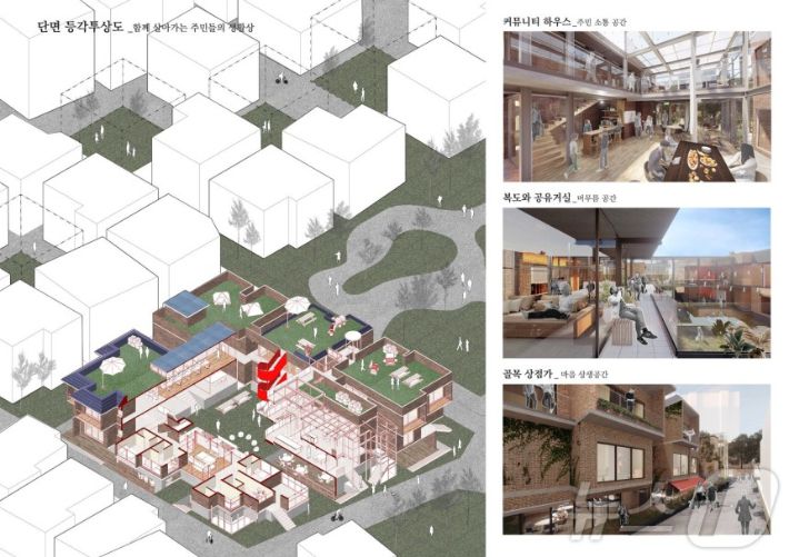 '2025 정림학생건축대상'에서 대상과 특별상을 받은 삼육대 건축학과 정현선·김세연·이건희 학생팀의 '수유리 8-1=8'의 단면 등각투상도. 정림건축문화재단 제공