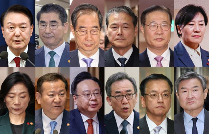 사진은 (왼쪽부터 시계방향으로) 2024년 12월 3일 밤 비상계엄을 선포한 윤석열 대통령과 이를 심의하는 국무회의에 참석한 김용현 전 국방장관, 한덕수 국무총리, 김영호 통일부 장관, 박성재 법무부 장관, 송미령 농림축산식품부 장관, 조태용 국가정보원장, 최상목 경제부총리 겸 기획재정부 장관, 조태열 외교부 장관, 조규홍 보건복지부 장관, 이상민 전 행정안전부 장관, 오영주 중소벤처기업부 장관, 윤창원·박종민·국회사진취재단·대통령실 제공