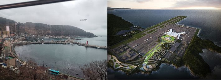 대항전망대에서 내려가는 길에 보이는 가덕도 마을 전경(왼쪽)과 가덕도신공항 부지조성 설계안. 왼쪽 사진에 담긴 바닷물과 마을, 산이 모두 매립·철거되고 오른쪽처럼 공항시설이 들어서게 된다. 최서윤 기자·가덕도신공항건설공단 제공