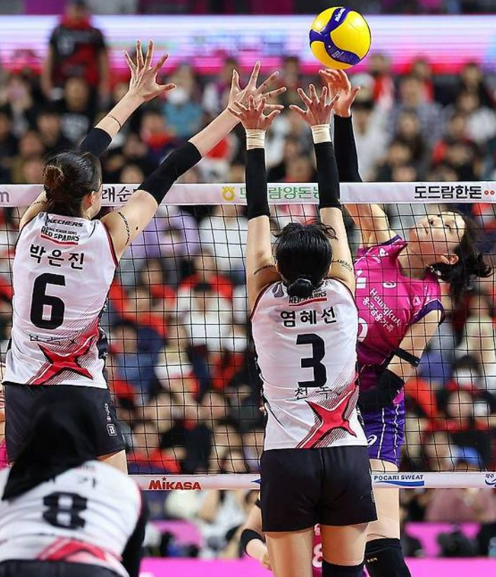 8일 인천 삼산월드체육관에서 열린 프로배구 V리그 여자부 챔피언결정전 흥국생명과 정관장의 5차전. 흥국생명 김연경(오른쪽)이 스파이크를 성공시키고 있다. 연합뉴스