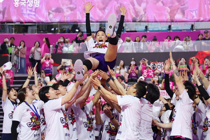 8일 인천 삼산월드체육관에서 열린 프로배구 V리그 여자부 챔피언결정전 흥국생명과 정관장의 5차전. 세트 스코어 3 대 2로 승리하며 우승을 차지한 흥국생명 선수들이 김연경을 헹가래치고 있다. 연합뉴스