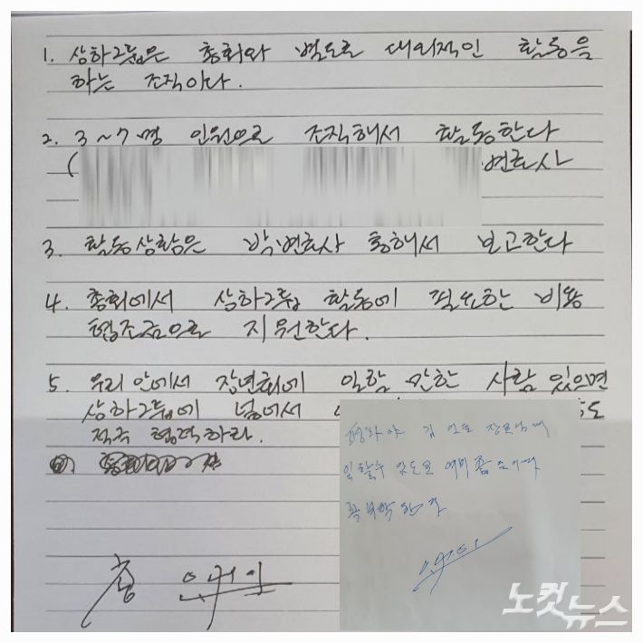 신천지 이만희 교주가 총회와 별도로 대외적인 활동을 위해 상하그룹을 조직하라고 지시하는 친필 메모. 아래 메모는 이만희 교주가 김평화 행정서무에게 활동비를 김인호 변호사에게 지급하라고 지시한 내용.