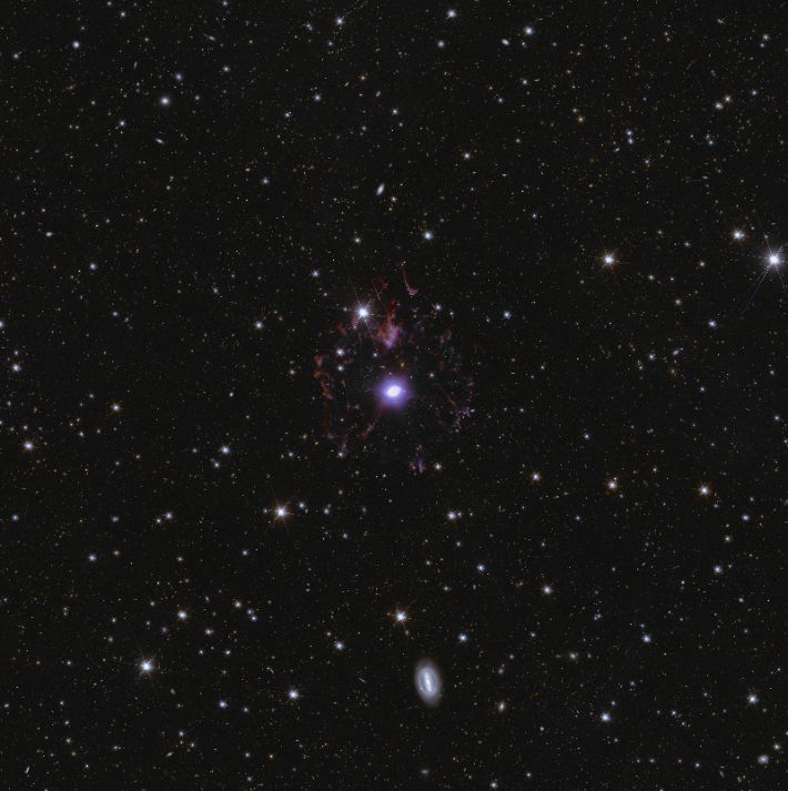 유클리드의 딥필드 관측 북부 영역에서 보이는 고양이 눈 성운(NGC 6543). ESA/유클리드/유클리드 컨소시엄/NASA, 이미지 처리 : J.-C. 쿠일랑드르, E. 베르탱, G. 안셀미