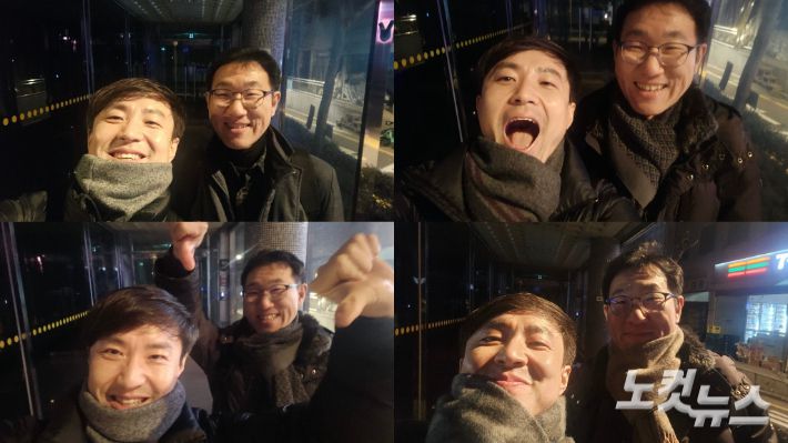 탄핵심판을 준비하며 매일 새벽 퇴근길에 함께한 황영민·전형호 변호사. 놀랍게도 4장의 사진은 모두 다른 날 찍힌 것이다. 왼쪽 상단부터 시계방향으로 1월 26일(비상계엄 선포 요건 준비서면 작업 후) → 2월 3일(국회 침탈 관련 준비서면 작업 후) → 2월 6일(경제수석 증인신문 준비 후) → 2월 24일(종합준비서면 마무리 후 '윤석열 파면'을 외치는 모습). 황영민 변호사 제공