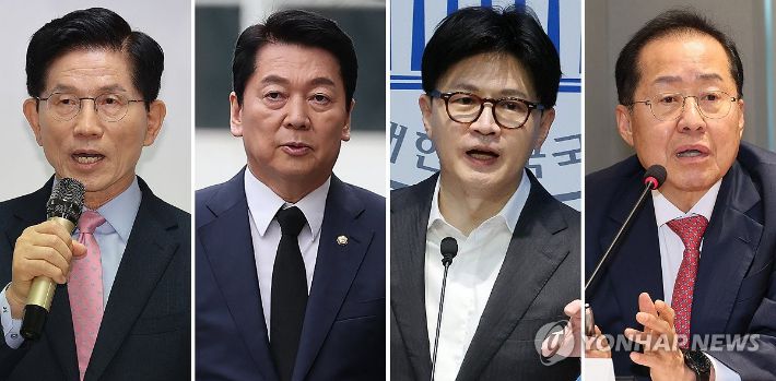 (서울=연합뉴스) 국민의힘 대선 후보 경선 선거관리위원회는 22일 2차 경선에 진출할 4명의 후보를 발표했다.      첫번째 컷오프를 통과한 '4강 후보'에는 김문수·안철수·한동훈·홍준표 후보(가나다순)가 이름을 올렸다.      사진은 이날 각 후보들의 모습. 2025.4.22 photo@yna.co.kr 연합뉴스