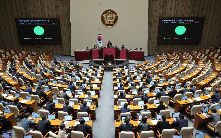 1일 국회에서 열린 본회의에서 심우정 검찰총장 탄핵소추안의 법제사법위원회로의 회부 동의의 건이 통과되고 있다. 연합뉴스