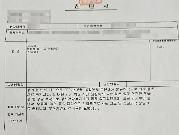 우울장애 진단서. A씨 제공