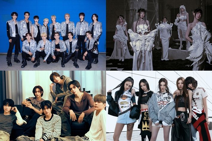 왼쪽부터 시계 방향으로 세븐틴, 아이들, 미야오, 라이즈. 각 소속사 제공