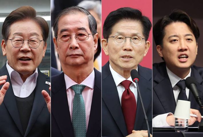(왼쪽부터)이재명 더불어민주당 대선 후보, 한덕수 무소속 대선 예비후보, 김문수 국민의힘 대선 후보, 이준석 개혁신당 대선 후보. 연합뉴스