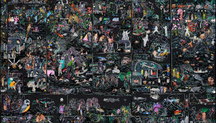 금산갤러리_김은진, '신의 자리_군중들(Locations of God_Hordes of People)', 나무 패널에 자개, 아크릴 , 105 × 183 × 5 cm(2025). 금산갤러리 제공