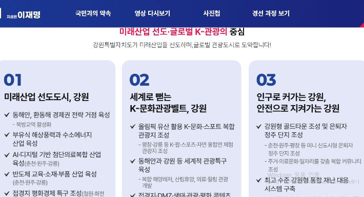 이재명 후보의 강원 공약. 더불어민주당 홈페이지 캡처