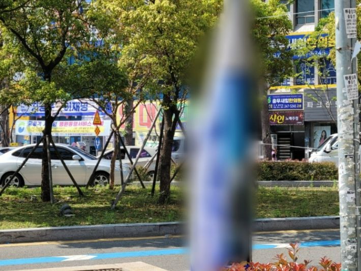 공식선거운동 첫날인 지난 12일 부산 서구의 한 거리에 내걸린 선거 현수막이 훼손됐다. 부산경찰청 제공