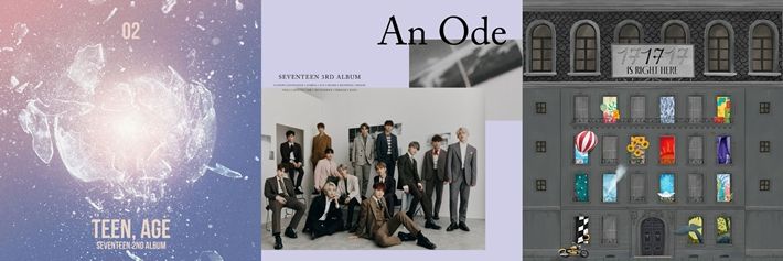 세븐틴 추천 앨범으로 꼽힌 정규 2집 '틴, 에이지', 정규 3집 '언 오드', 베스트 앨범 '17 이즈 라이트 히어'. 플레디스 엔터테인먼트 제공
