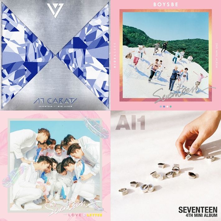 추천곡이 언급된 앨범 표지 모음. 왼쪽부터 시계 방향으로 미니 1집 '17 캐럿', 미니 2집 '보이즈 비', 미니 4집 'Al1', 정규 1집 '러브 앤 레터'. 플레디스 엔터테인먼트 제공