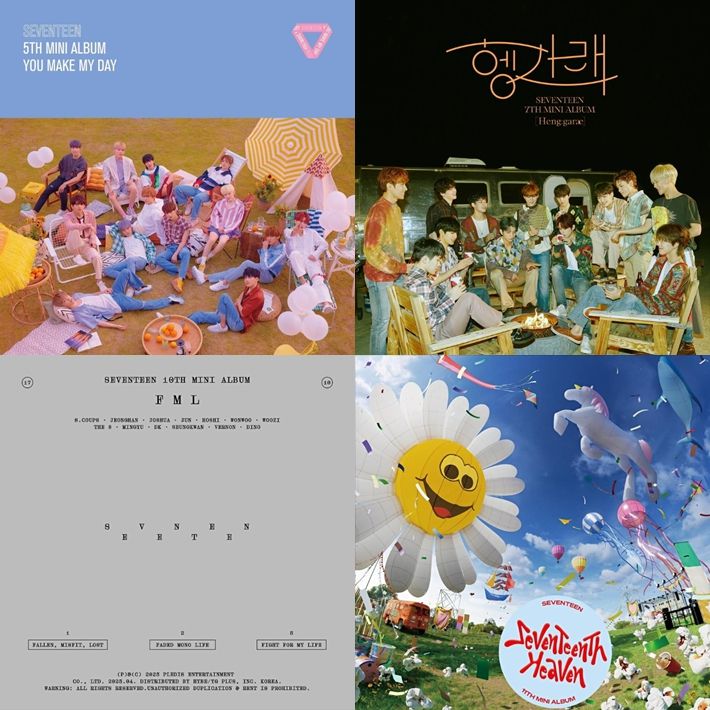 추천곡이 언급된 앨범 표지 모음. 왼쪽부터 시계 방향으로 미니 5집 '유 메이크 마이 데이', 미니 7집 '헹가래', 미니 11집 '세븐틴스 헤븐', 미니 10집 'FML'. 플레디스 엔터테인먼트 제공