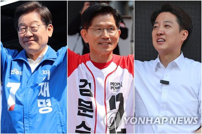 (당진·보령·서울=연합뉴스) 25일 당진에서 유세 나선 이재명 후보(왼쪽부터), 보령에서 집중유세하는 김문수 후보, 종묘 인근 서순라길에서 거리유세하는 이준석 후보 연합뉴스