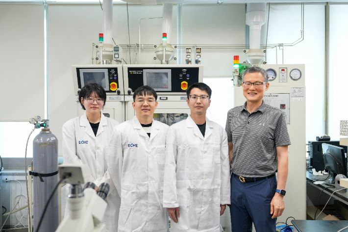사진 오른쪽부터 백종범 교수, 루난 관 박사(제1저자), 창칭 리 박사(제1저자), 구지원 연구원(제1저자). UNIST 제공