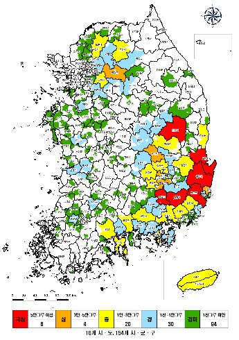 소나무재선충병 발생 시군구 현황. 산림청 제공